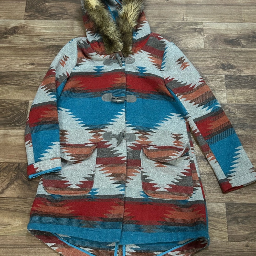 Southwestern Pattern Hooded Coat with Faux Fur Trim